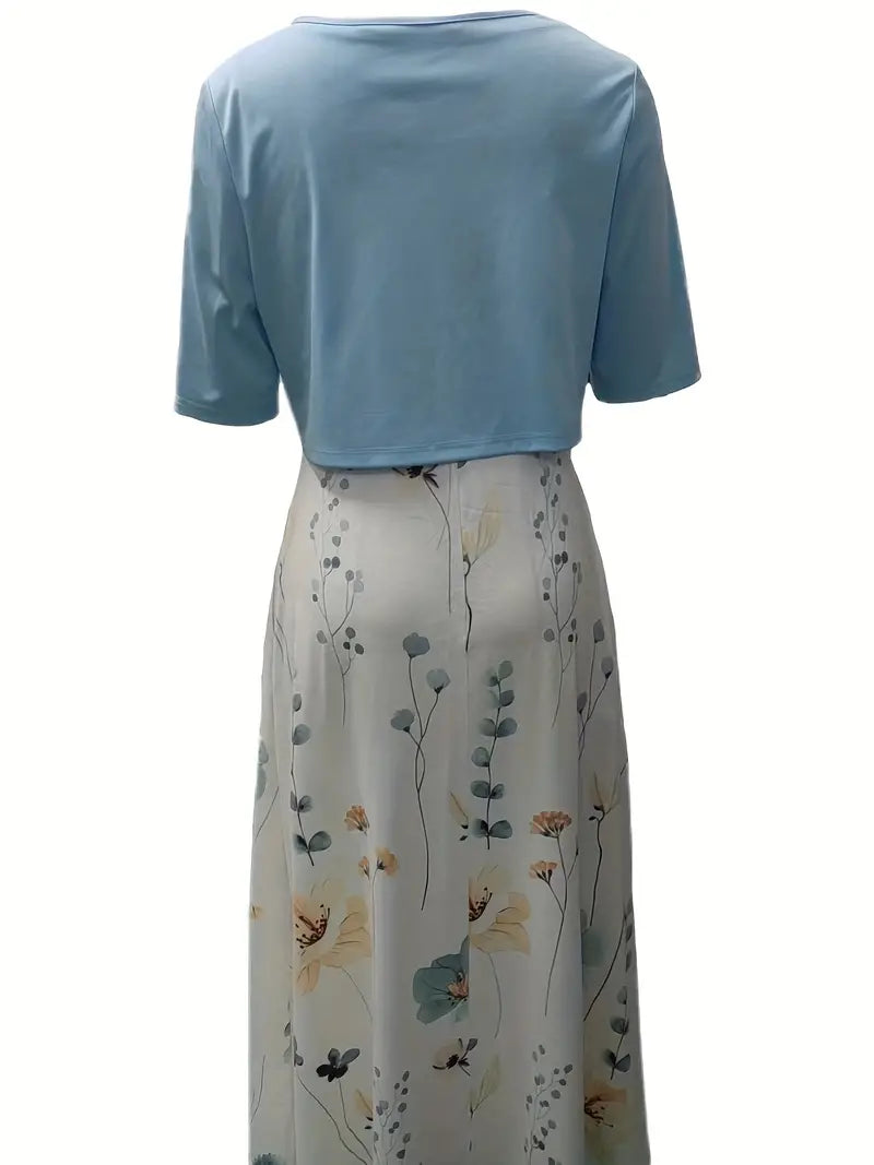 Ensemble Chic de Robe Florale à Deux Pièces avec Haut Uni à Col Rond