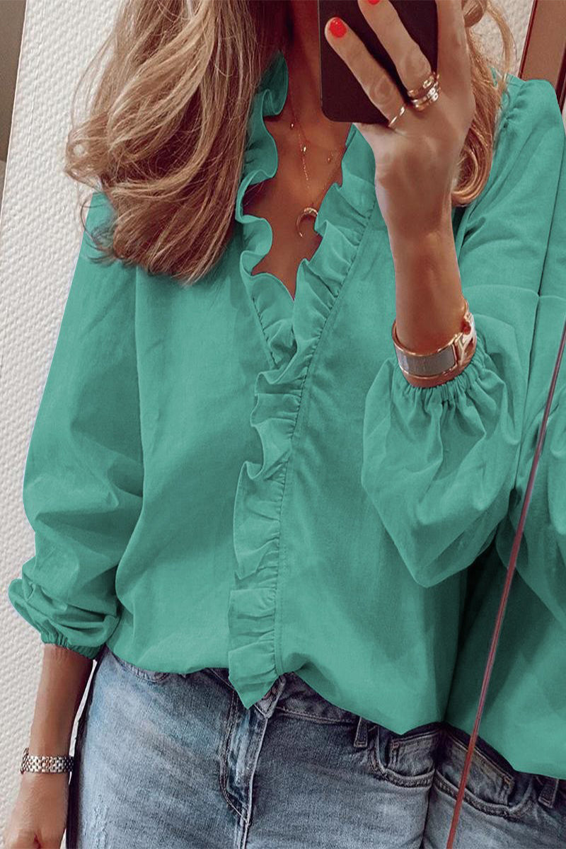 Blouse à Manches Longues avec Détails Froncés en V