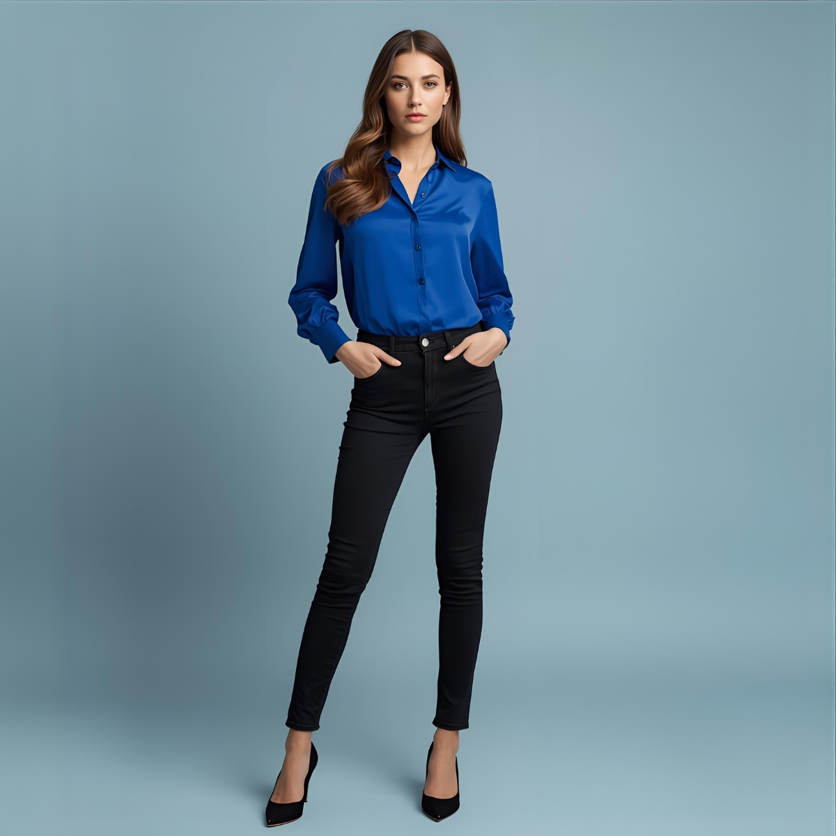 AZURÉA | Blouse Bleue Élégante Boutonnée