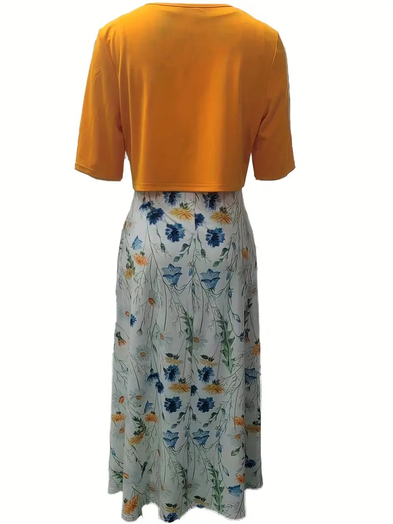 Ensemble Chic de Robe Florale à Deux Pièces avec Haut Uni à Col Rond