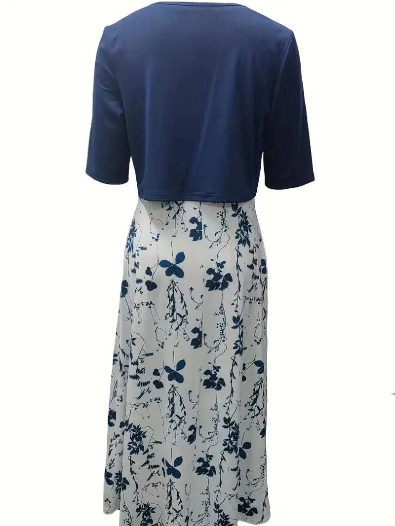 Ensemble Chic de Robe Florale à Deux Pièces avec Haut Uni à Col Rond