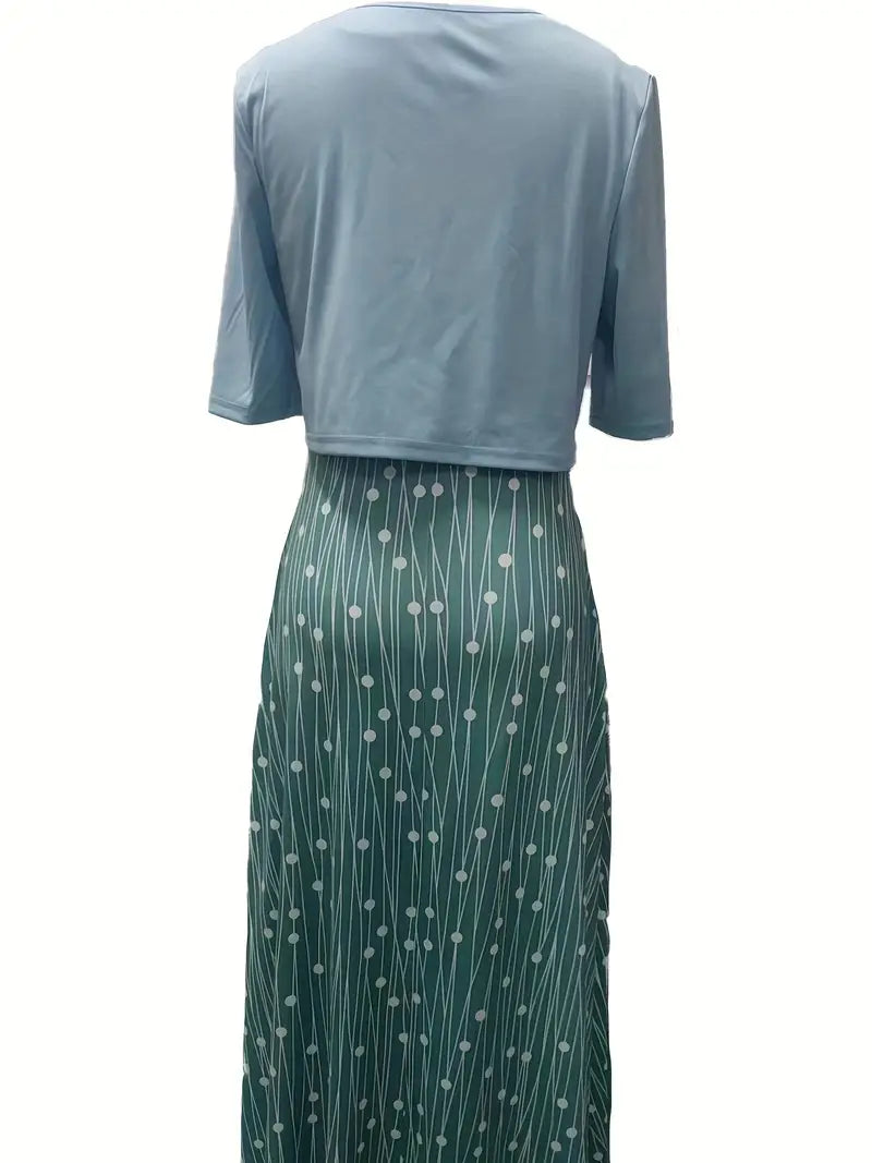 Ensemble Chic de Robe Florale à Deux Pièces avec Haut Uni à Col Rond