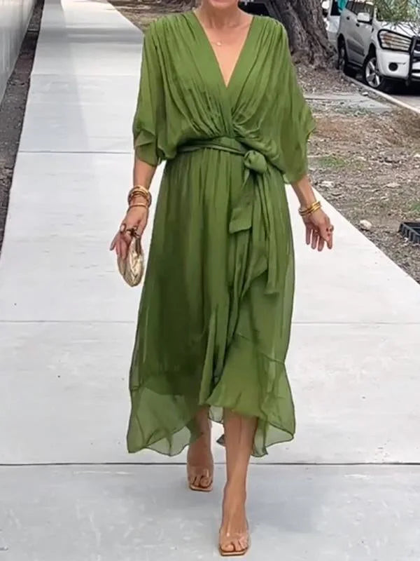 Robe d'Été en Chiffon Verte pour Femmes avec Décolleté en V