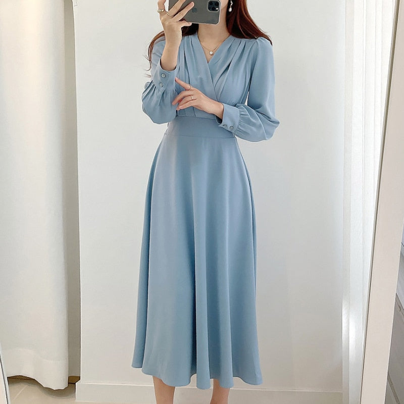 Robe Évasée Élégante avec Décolleté en V et Manches Volumineuses