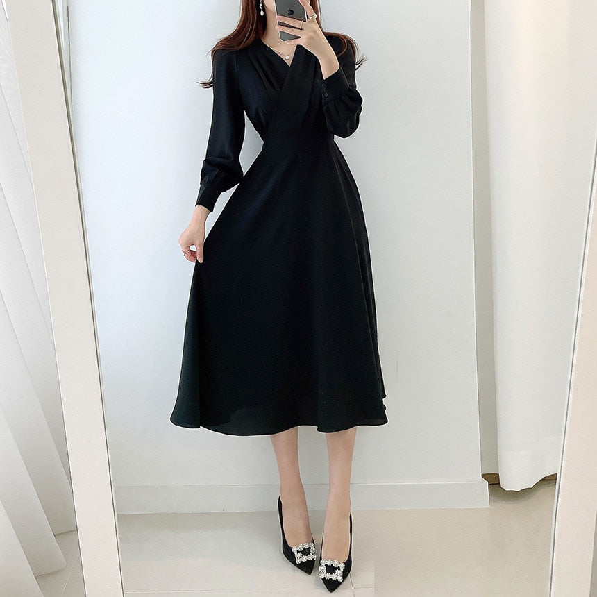 Robe Évasée Élégante avec Décolleté en V et Manches Volumineuses