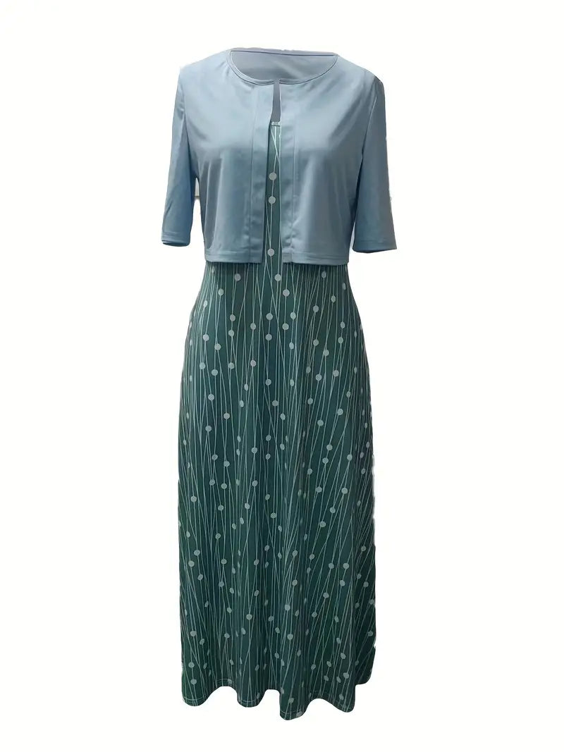 Ensemble Chic de Robe Florale à Deux Pièces avec Haut Uni à Col Rond