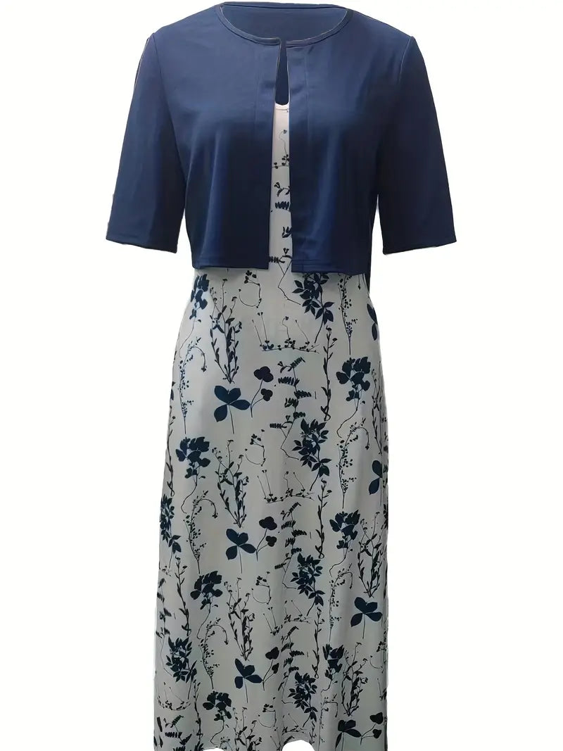 Ensemble Chic de Robe Florale à Deux Pièces avec Haut Uni à Col Rond