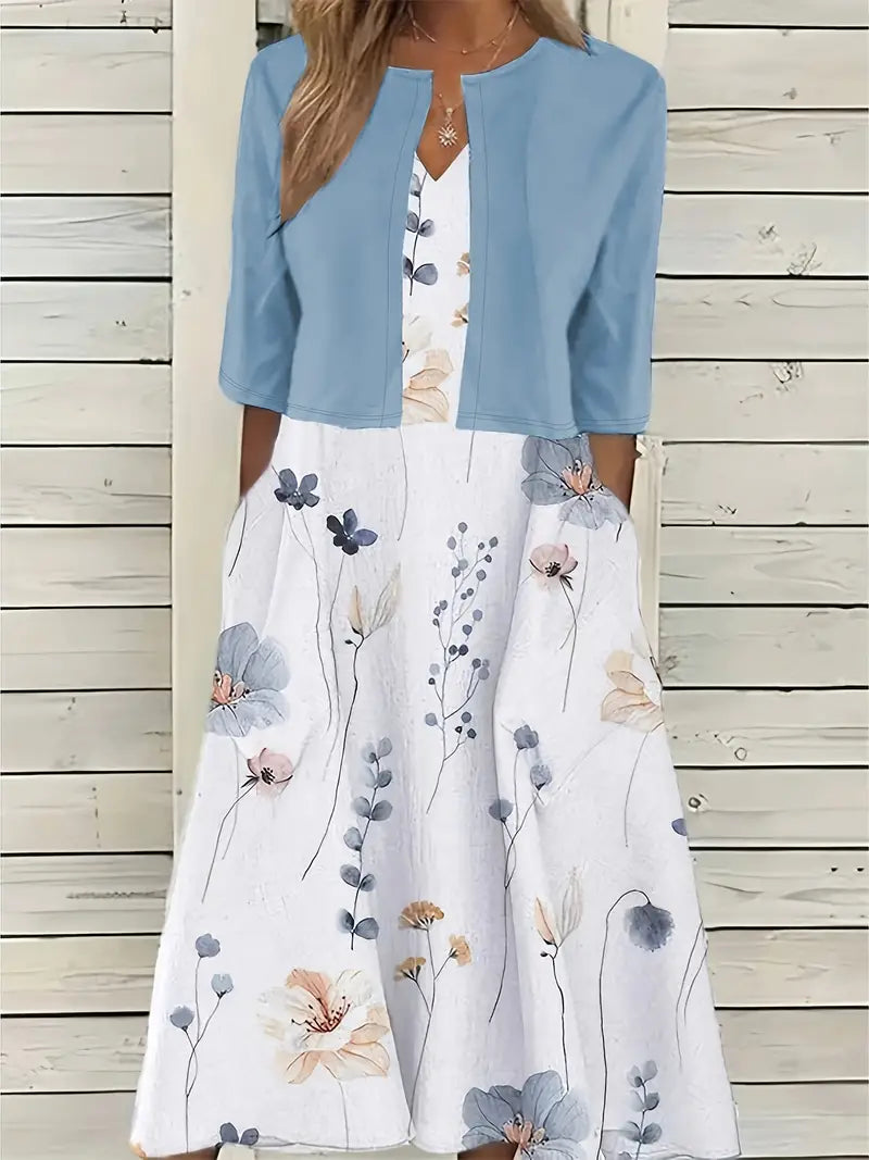 Ensemble Chic de Robe Florale à Deux Pièces avec Haut Uni à Col Rond