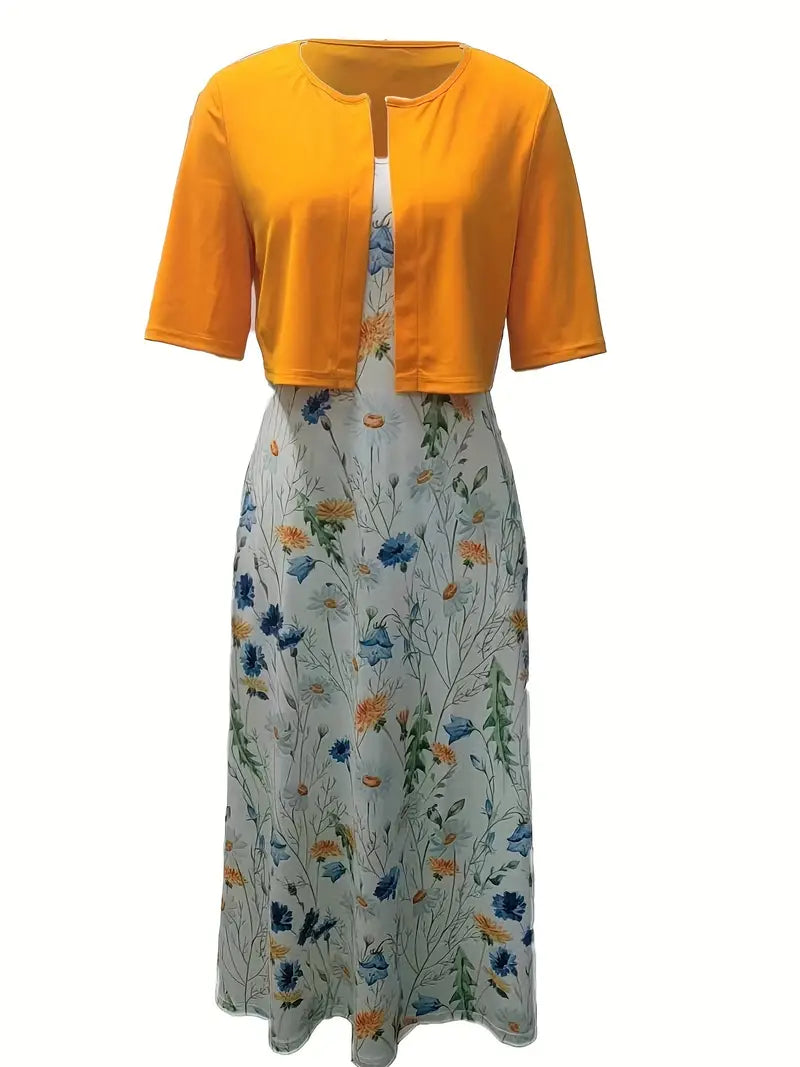 Ensemble Chic de Robe Florale à Deux Pièces avec Haut Uni à Col Rond